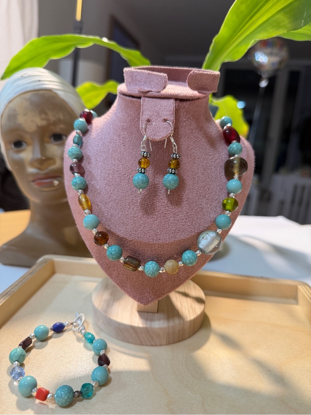 Handmade beaded Turquoise Multi-Color Necklace & Earrings Set boho beach style